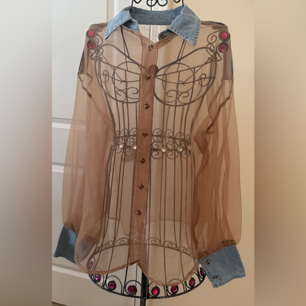 Sheer Brown Blouse with Denim Collar and Cuffs